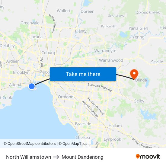 North Williamstown to Mount Dandenong map