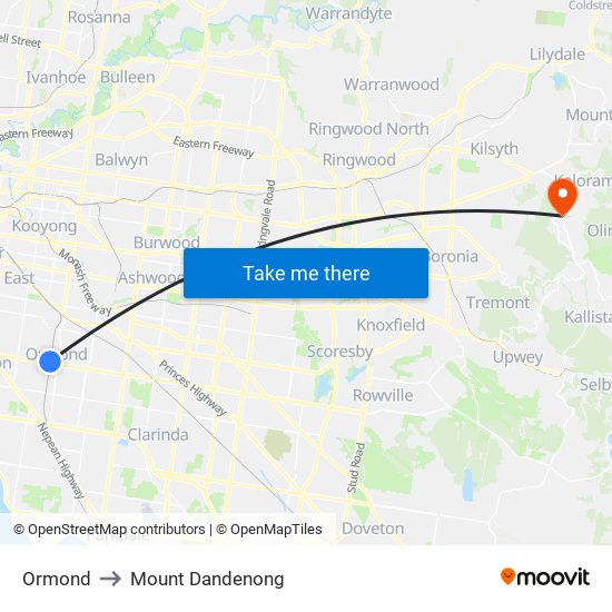 Ormond to Mount Dandenong map