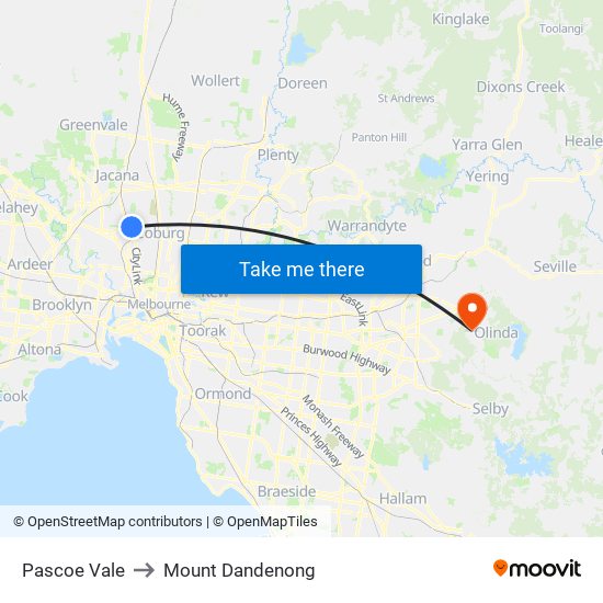 Pascoe Vale to Mount Dandenong map