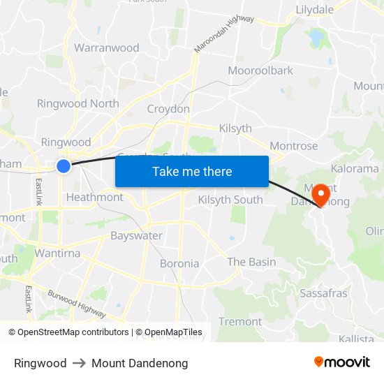 Ringwood to Mount Dandenong map