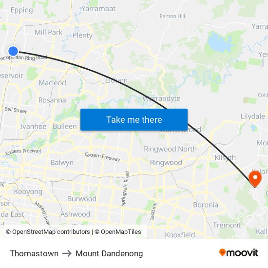 Thomastown to Mount Dandenong map
