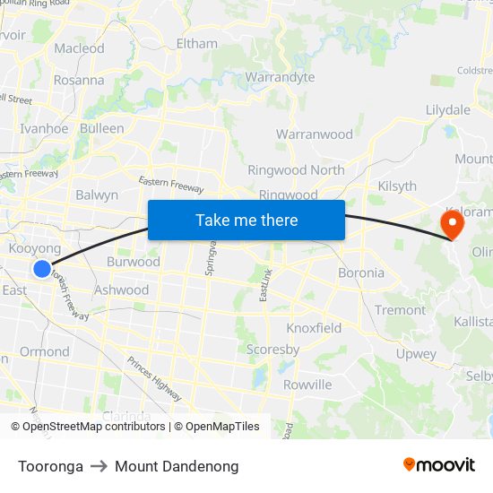 Tooronga to Mount Dandenong map