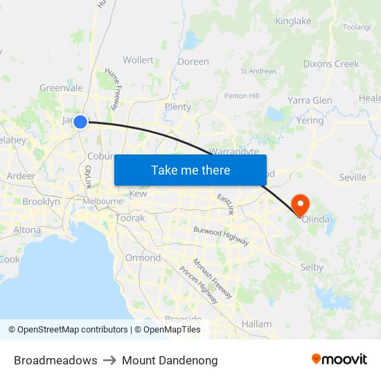 Broadmeadows to Mount Dandenong map