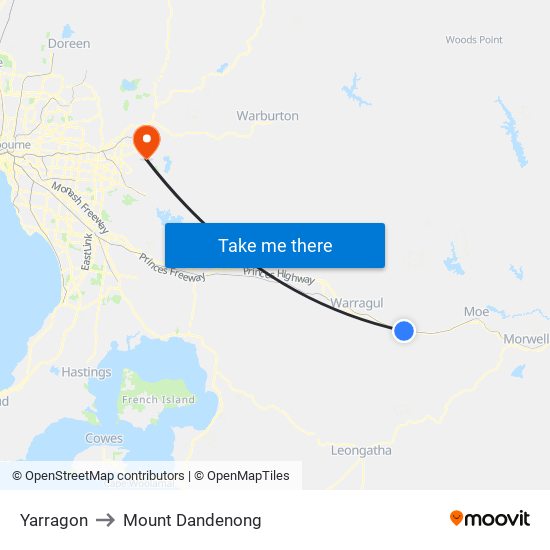 Yarragon to Mount Dandenong map