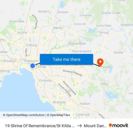 19-Shrine Of Remembrance/St Kilda Rd (Melbourne City) to Mount Dandenong map