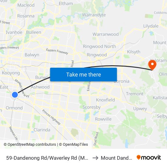 59-Dandenong Rd/Waverley Rd (Malvern East) to Mount Dandenong map