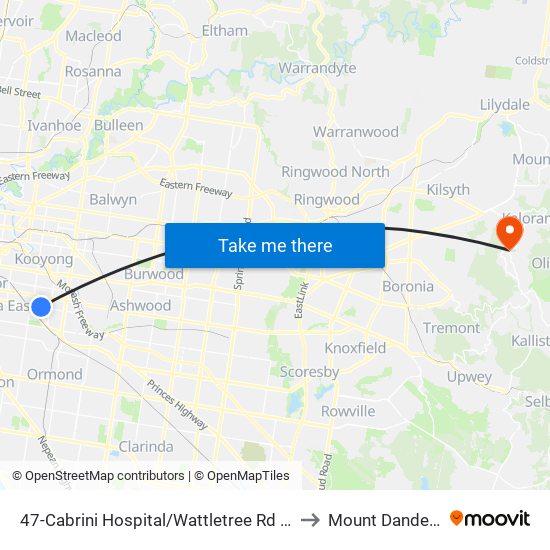 47-Cabrini Hospital/Wattletree Rd (Malvern) to Mount Dandenong map