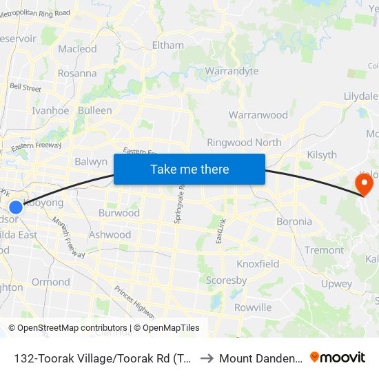 132-Toorak Village/Toorak Rd (Toorak) to Mount Dandenong map