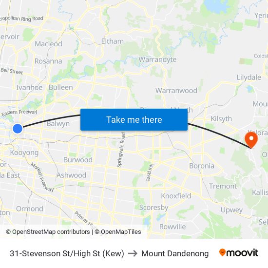 31-Stevenson St/High St (Kew) to Mount Dandenong map