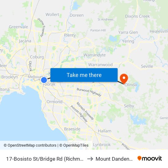17-Bosisto St/Bridge Rd (Richmond) to Mount Dandenong map