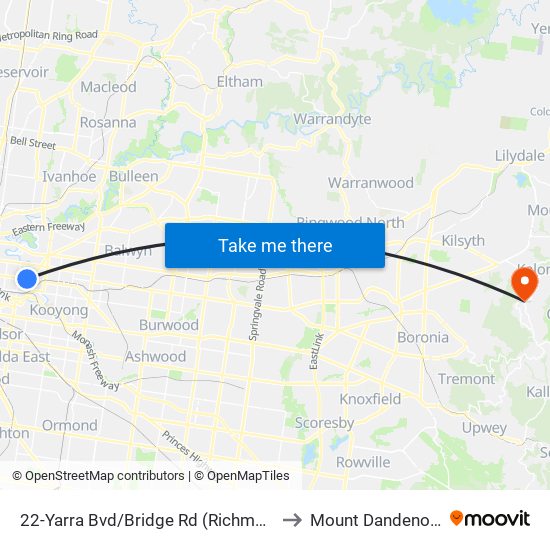 22-Yarra Bvd/Bridge Rd (Richmond) to Mount Dandenong map