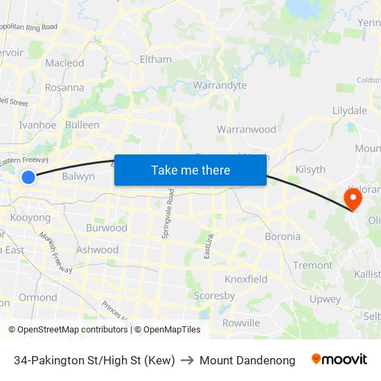 34-Pakington St/High St (Kew) to Mount Dandenong map