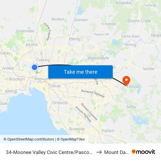 34-Moonee Valley Civic Centre/Pascoe Vale Rd (Moonee Ponds) to Mount Dandenong map