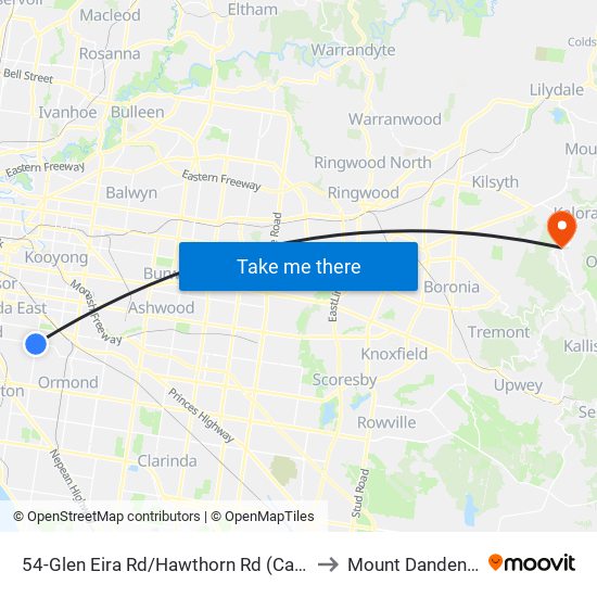 54-Glen Eira Rd/Hawthorn Rd (Caulfield) to Mount Dandenong map