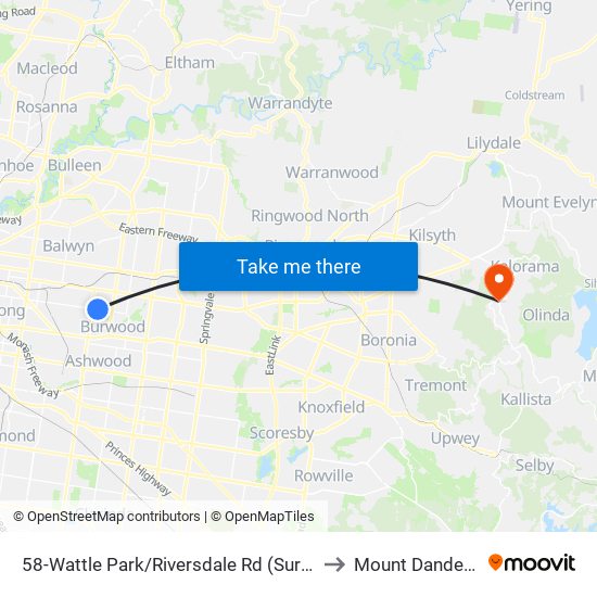 58-Wattle Park/Riversdale Rd (Surrey Hills) to Mount Dandenong map