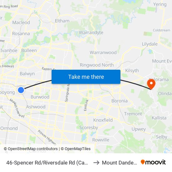 46-Spencer Rd/Riversdale Rd (Camberwell) to Mount Dandenong map