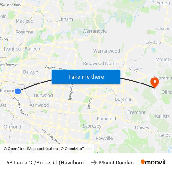 58-Leura Gr/Burke Rd (Hawthorn East) to Mount Dandenong map