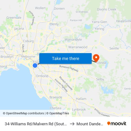 34-Williams Rd/Malvern Rd (South Yarra) to Mount Dandenong map