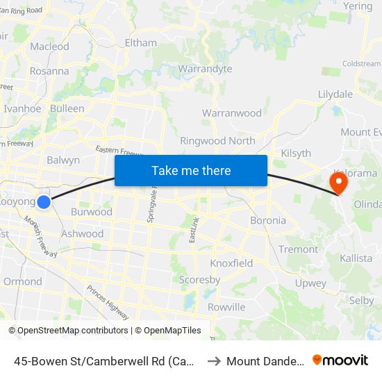 45-Bowen St/Camberwell Rd (Camberwell) to Mount Dandenong map