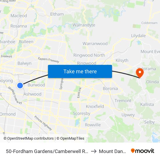 50-Fordham Gardens/Camberwell Rd (Camberwell) to Mount Dandenong map