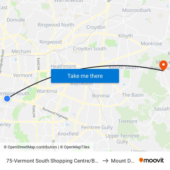 75-Vermont South Shopping Centre/Burwood Hwy (Vermont South) to Mount Dandenong map