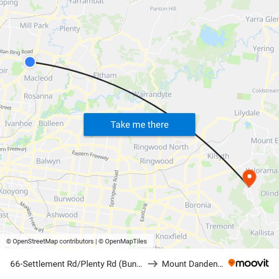 66-Settlement Rd/Plenty Rd (Bundoora) to Mount Dandenong map