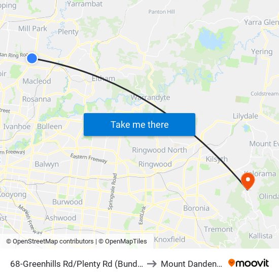 68-Greenhills Rd/Plenty Rd (Bundoora) to Mount Dandenong map