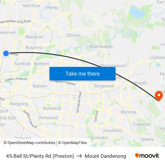 45-Bell St/Plenty Rd (Preston) to Mount Dandenong map