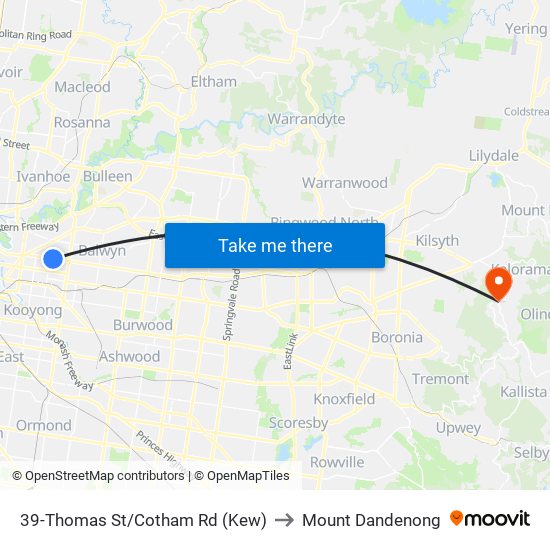 39-Thomas St/Cotham Rd (Kew) to Mount Dandenong map