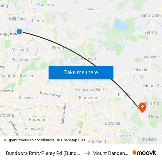 Bundoora Rmit/Plenty Rd (Bundoora) to Mount Dandenong map