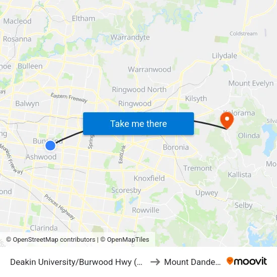Deakin University/Burwood Hwy to Mount Dandenong map