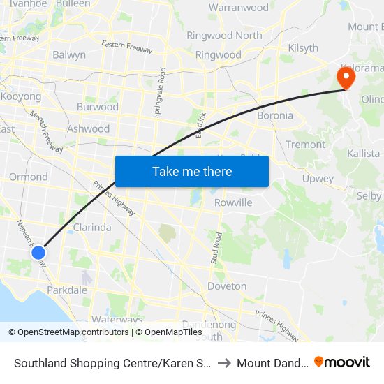 Southland Shopping Centre/Karen St (Cheltenham) to Mount Dandenong map