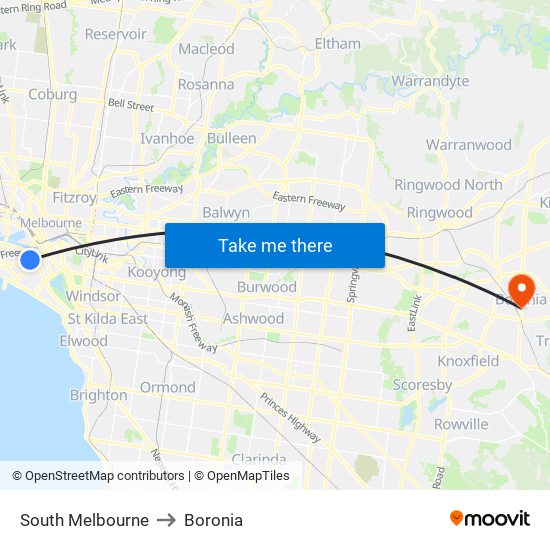 South Melbourne to Boronia map