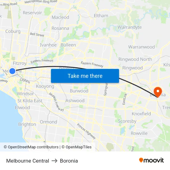 Melbourne Central to Boronia map
