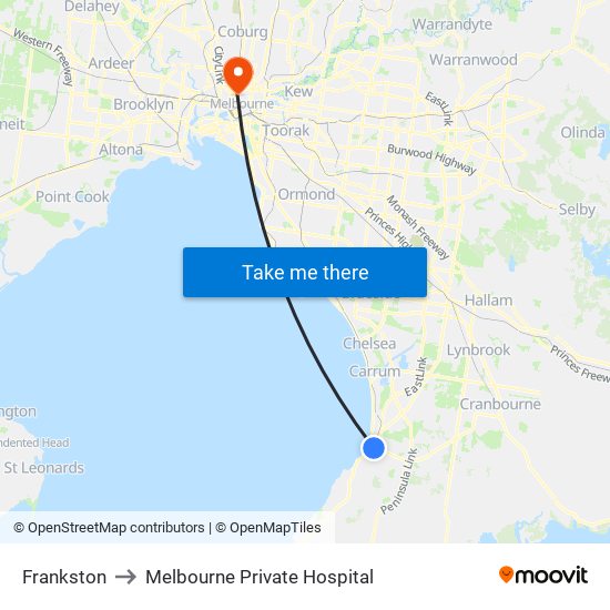 Frankston to Melbourne Private Hospital map