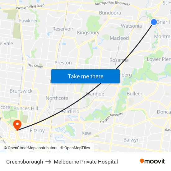 Greensborough to Melbourne Private Hospital map