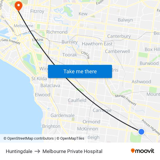 Huntingdale to Melbourne Private Hospital map