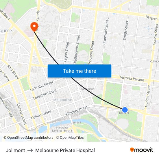 Jolimont to Melbourne Private Hospital map