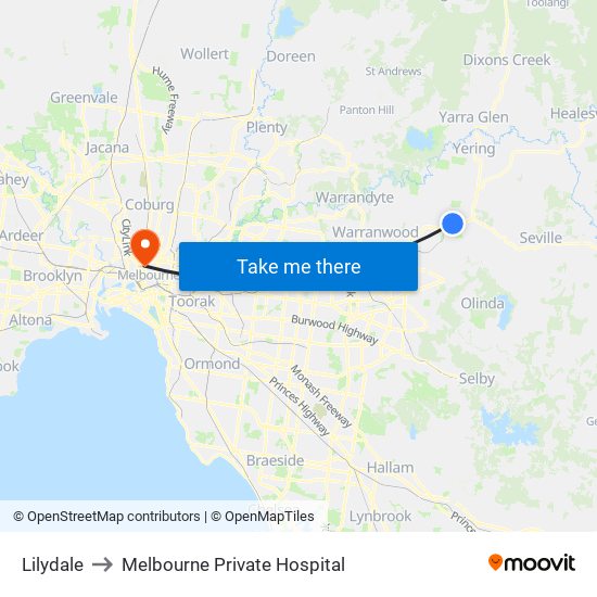 Lilydale to Melbourne Private Hospital map