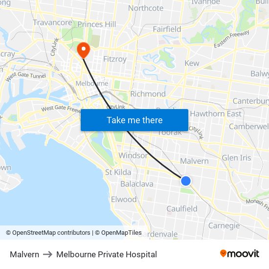 Malvern to Melbourne Private Hospital map