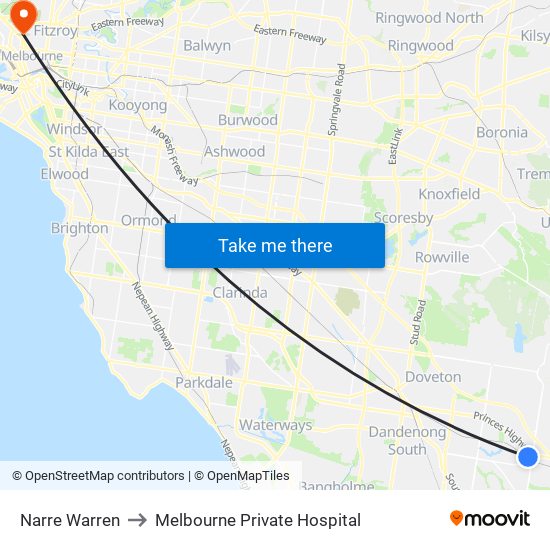 Narre Warren to Melbourne Private Hospital map