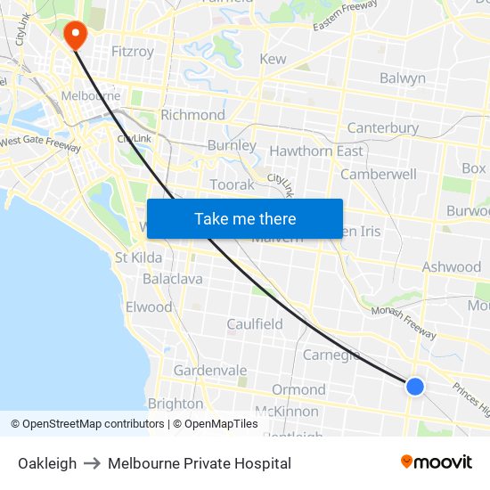 Oakleigh to Melbourne Private Hospital map