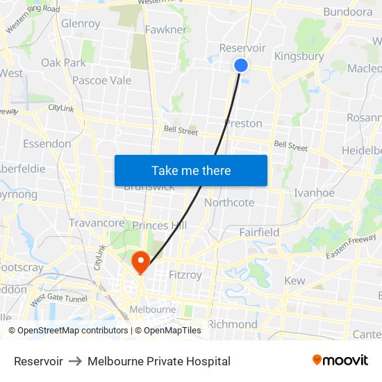 Reservoir to Melbourne Private Hospital map