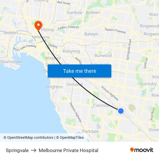 Springvale to Melbourne Private Hospital map