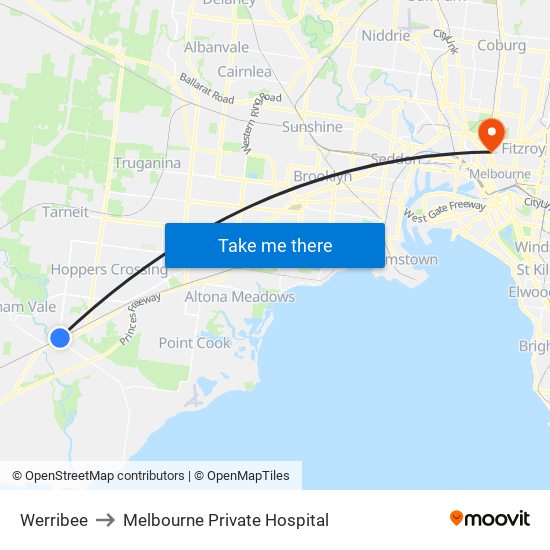 Werribee to Melbourne Private Hospital map
