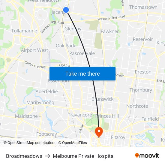 Broadmeadows to Melbourne Private Hospital map