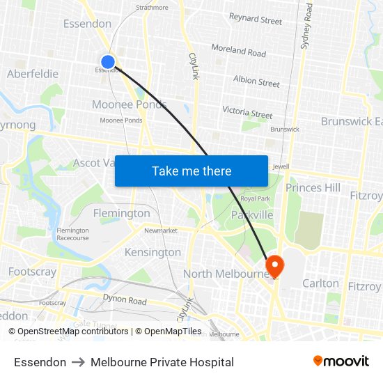 Essendon to Melbourne Private Hospital map