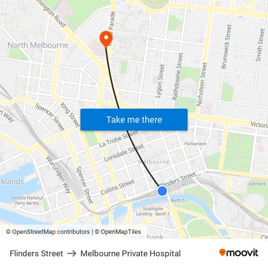 Flinders Street to Melbourne Private Hospital map