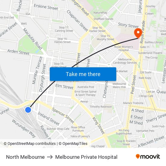 North Melbourne to Melbourne Private Hospital map