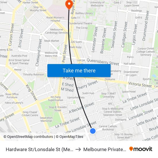 Hardware St/Lonsdale St (Melbourne City) to Melbourne Private Hospital map